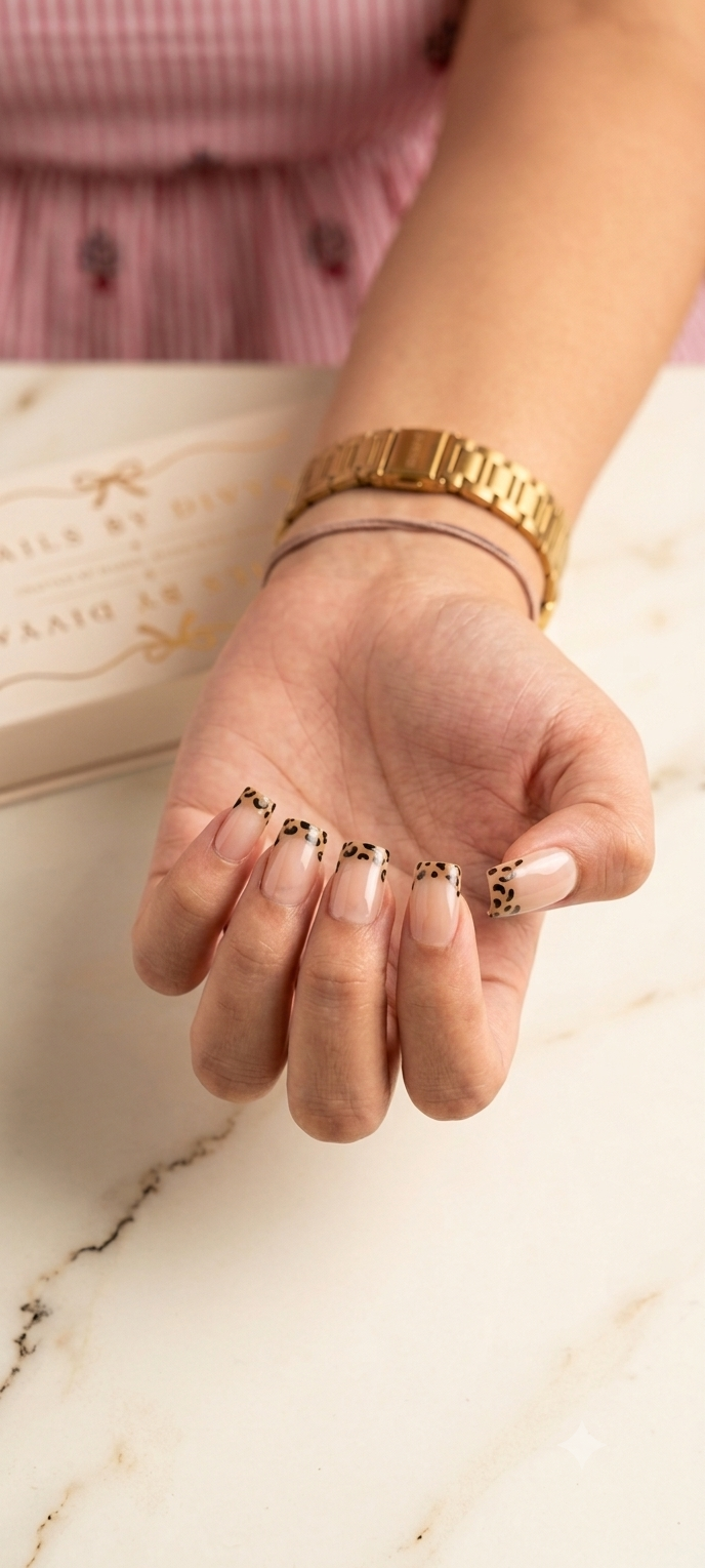 Leopard French press-on nail set with hand-painted leopard tips